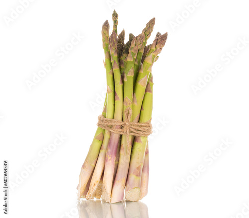 Several stalks of organic asparagus tied with jute rope, macro, isolated on white background.