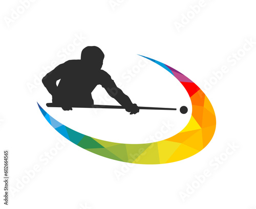 Billiard design graphic with player in action in vector quality. For use as a sports and hobby logo. 