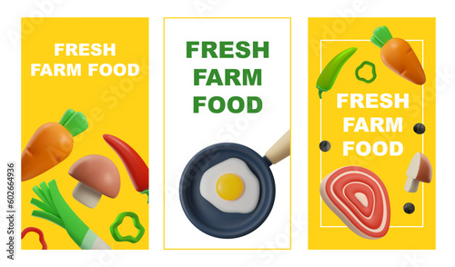 Fresh farm food posters set with 3D food objects, realistic vector illustration.