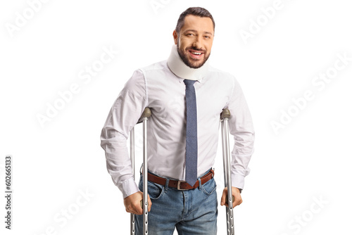 Portrait of an injured man with a cervical collar leaning on crutches
