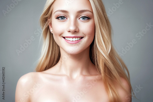 Beautiful woman blonde beauty close-up portrait on gray background. Generative AI