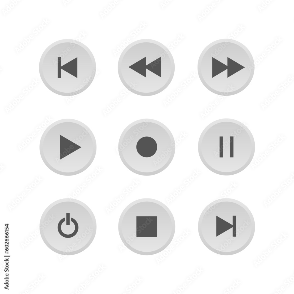 Video media player vector icons set. Mediaplayer interface buttons, play, pause, rewind symbol Video media player vector icons set. Mediaplayer interface buttons, play, pause, rewind symbol