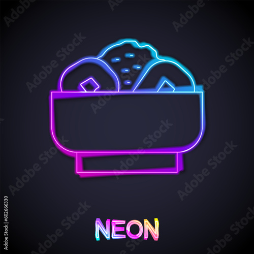 Glowing neon line Chow mein on plate icon isolated on black background. Asian food. Vector