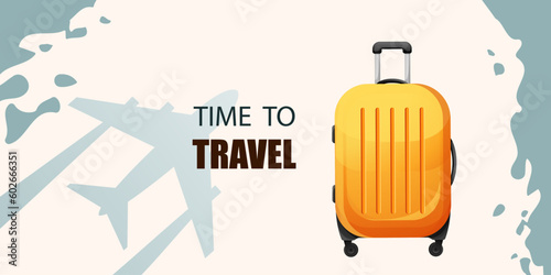 Time to travel..Background with yellow, plastic suitcase, airplane.Vector illustration