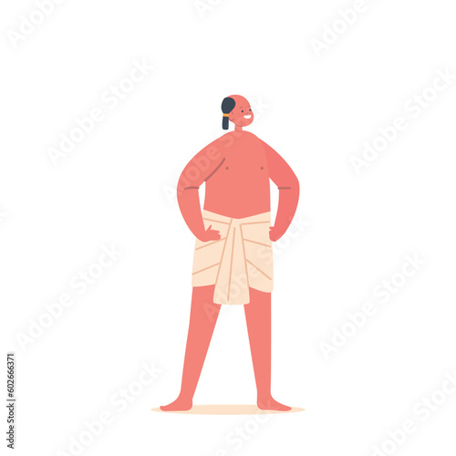 Young Egyptian Boy With Shaved Head Wearing Simple Linen Kilt Stand With Arms Akimbo. Child Of Ancient Civilization