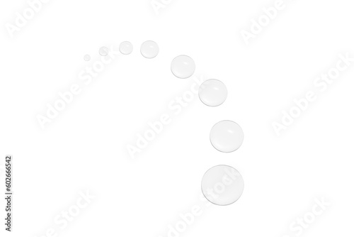 Drops of transparent gel or water in the shape of a semi-circle, with decreasing size. On a white background.