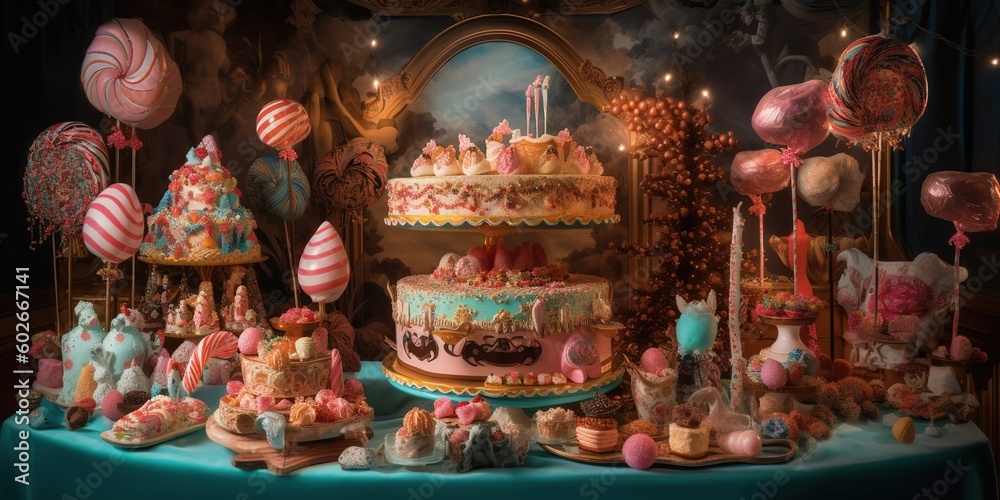 A whimsical carousel of assorted desserts, spinning gracefully in a surreal, candy-filled world, concept of Fantastical Wonderland, created with Generative AI technology