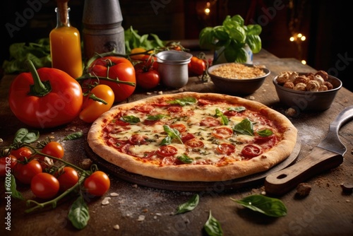 Fresh Homemade Italian Pizza Margherita with buffalo mozzarella and basil. generated by AI