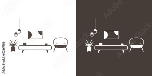 Living room furniture icon. Black and white style. Interior vector icon