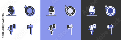 Set Wooden axe, Fruit tree, Garden hose and icon. Vector