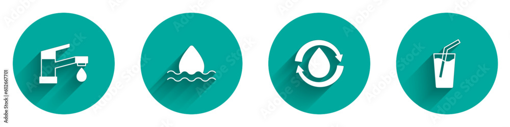 Set Water tap, drop, Recycle clean aqua and Glass with water icon with long shadow. Vector
