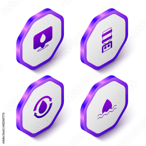 Set Isometric Water drop with location, cooler, Recycle clean aqua and icon. Purple hexagon button. Vector