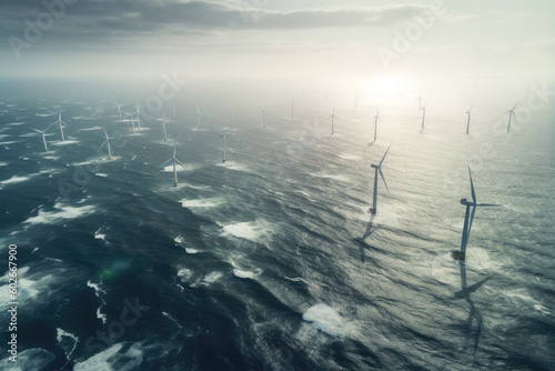 Leinwand Poster Aerial view of wind turbines in the ocean