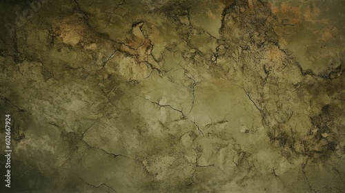 Brown green old concrete wall surface. Dark olive color. Close-up. Rough background for design. Distressed  cracked  broken  crumbled