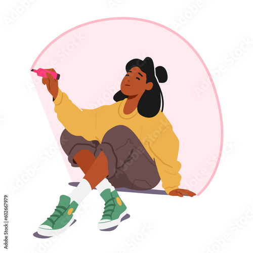 Introvert Woman Character Drawing Circle Around Herself For Personal Space And Protection, Cartoon Vector Illustration