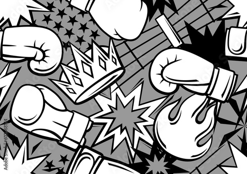 Pattern with boxing items. Box club illustration. Sport background in cartoon style.
