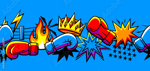 Pattern with boxing items. Box club illustration. Sport background in cartoon style.