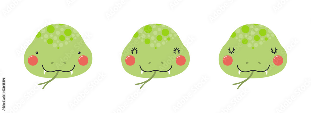 Obraz premium Cute funny snake faces illustrations set. Hand drawn cartoon character. Scandinavian style flat design, isolated vector. Kids print element, poster, card, wildlife, nature, baby animals