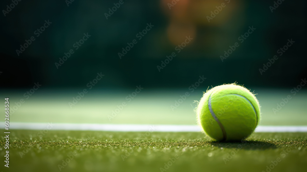 Tennis ball on tennis grass court with soft focus. Tennis tournament concept wallpaper background. Generative AI