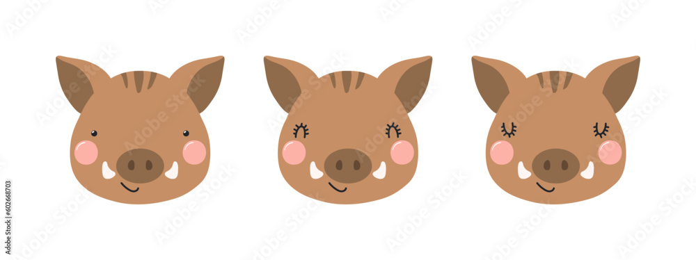 Cute funny wild boar faces illustrations set. Hand drawn cartoon character. Scandinavian style flat design, isolated vector. Kids print element, poster, card, wildlife, nature, baby animals
