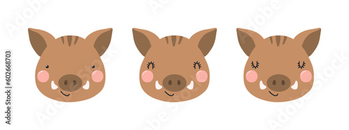 Cute funny wild boar faces illustrations set. Hand drawn cartoon character. Scandinavian style flat design, isolated vector. Kids print element, poster, card, wildlife, nature, baby animals