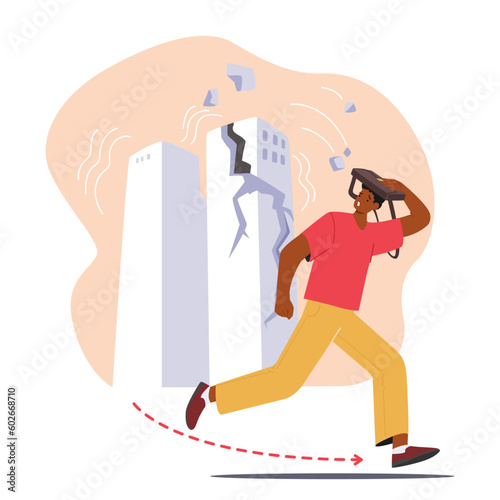 Fear-stricken Man Flees Shattered Building Amidst Earthquake Chaos. Desperate Character Navigates Debris-laden Streets