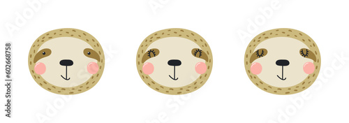 Cute funny sloth faces illustrations set. Hand drawn cartoon character. Scandinavian style flat design, isolated vector. Kids print element, poster, card, wildlife, nature, baby animals