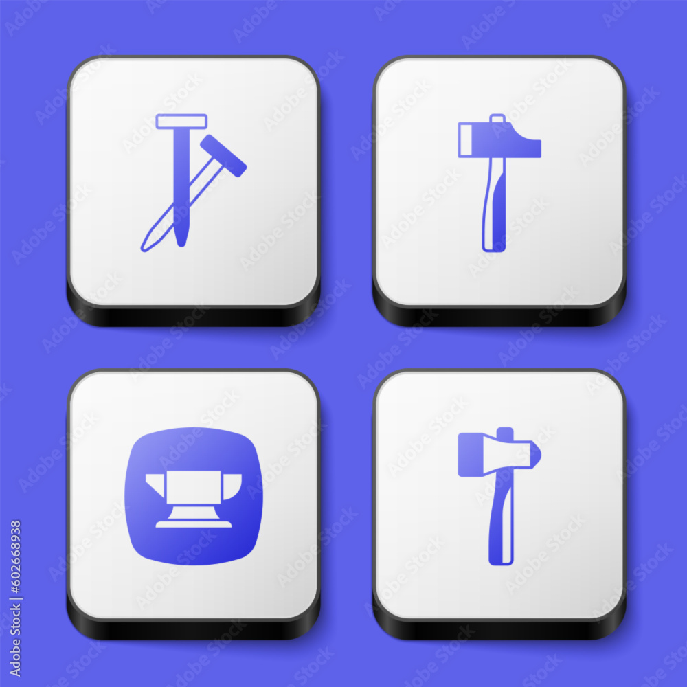 Set Metallic nails, Hammer, Blacksmith anvil tool and icon. White square button. Vector Set Metallic nails, Hammer, Blacksmith anvil tool and icon. White square button. Vector