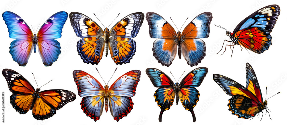 Butterfly Butterflies, many angles and view frontal side head shot isolated on white background cutout. PNG file. Butterfly Butterflies, many angles and view frontal side head shot isolated on white background cutout. PNG file.