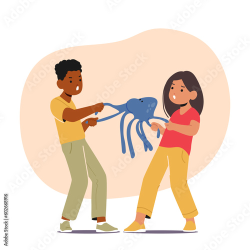 Boy And Girl Characters Tug Toy, Unable To Share. Frustration Evident, Both Holding Tight, Unwilling To Compromise