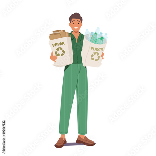 Male Character Holding Eco Bags With Sorted Paper And Plastic Waste. Man Promoting Sustainability, Vector Illustration