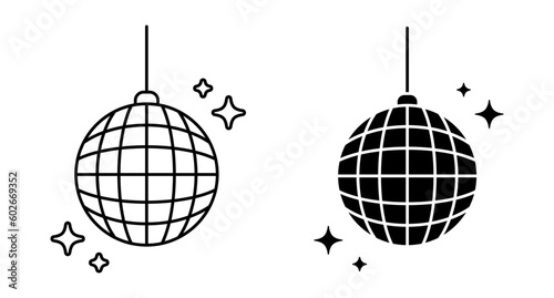 Disco ball vector icons set. Disco ball shining stars symbol. Line disco ball graphic design template logo