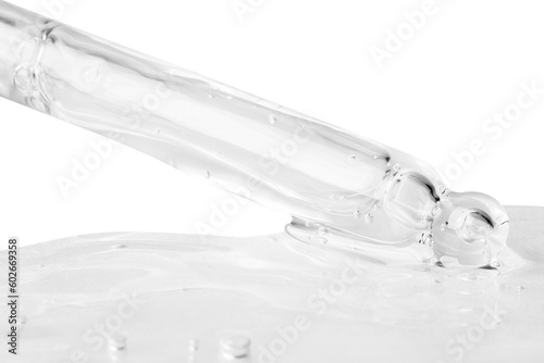 A flowing transparent gel from an eyedropper. Large droplet with bubbles of gel. No background. PNG