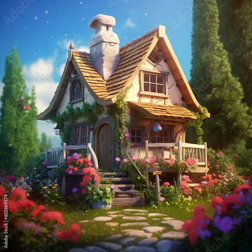 3D cartoon style illustration of a cute and beautiful small two-story western traditional house. There is a beautiful landscape in the grounds of the house. A sunny day.