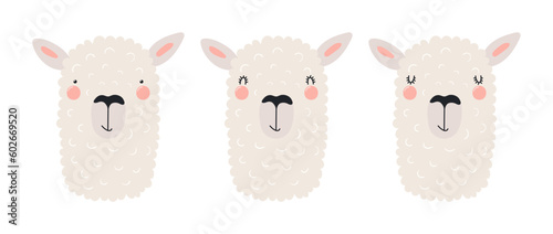 Cute funny llama faces illustrations set. Hand drawn cartoon character. Scandinavian style flat design, isolated vector. Kids print element, poster, card, wildlife, nature, baby animals