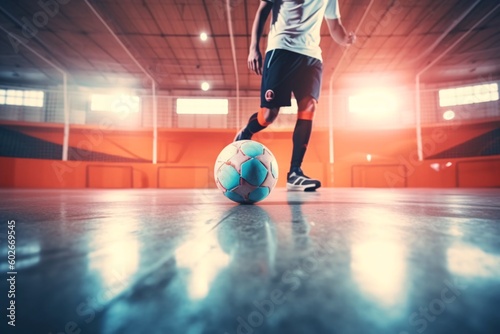 Football futsal player, ball, futsal floor. Sports background. Indoor soccer sports hall. Youth futsal league. Indoor football players and soccer ball. Generative ai. photo