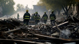 Firefighters put out a fire in a burned-out house. The rescue service is looking for people after natural disasters. Debris clearing. Destruction of additions and structures.  Generated AI