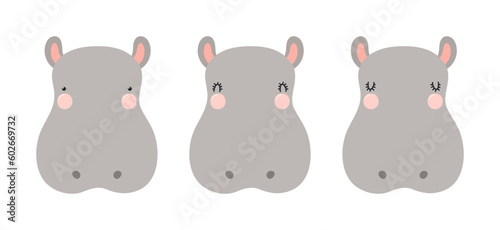 Cute funny hippo faces illustrations set. Hand drawn cartoon character. Scandinavian style flat design, isolated vector. Kids print element, poster, card, wildlife, nature, baby animals