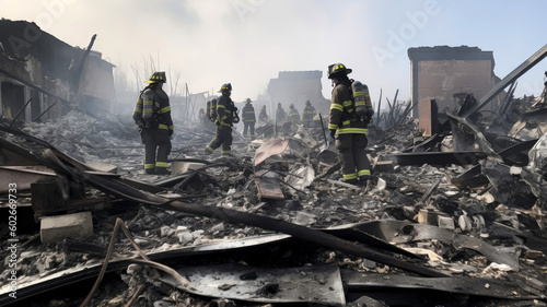 Firefighters put out a fire in a burned-out house. The rescue service is looking for people after natural disasters. Debris clearing. Destruction of additions and structures.  Generated AI photo
