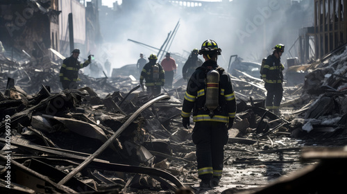 Firefighters put out a fire in a burned-out house. The rescue service is looking for people after natural disasters. Debris clearing. Destruction of additions and structures. Generated AI