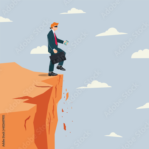 Vector blindfolded businessman about to step on tip of cliff illustration