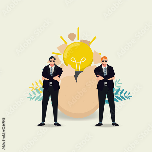 Two guards with cracked egg and bright light bulb inside. Protect the new brilliant idea, Copy rights concept vector illustration