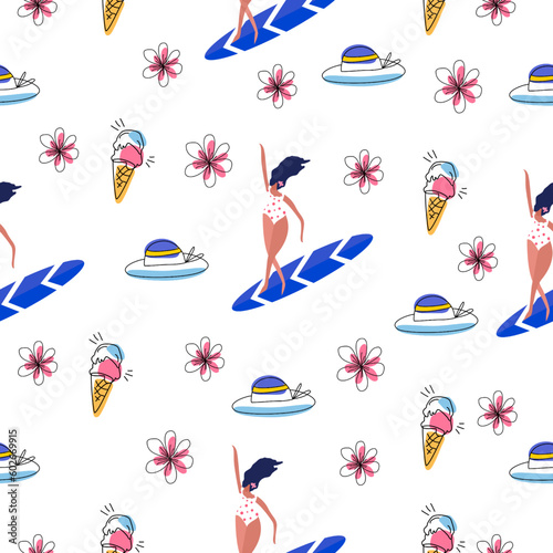 Surf illustration pattern. Tropical beach vibe.Vector about Summer pattern with Surf ,coconut tree .Summer Surf Seamless Pattern.Design for fabric print,Cover book,Kids