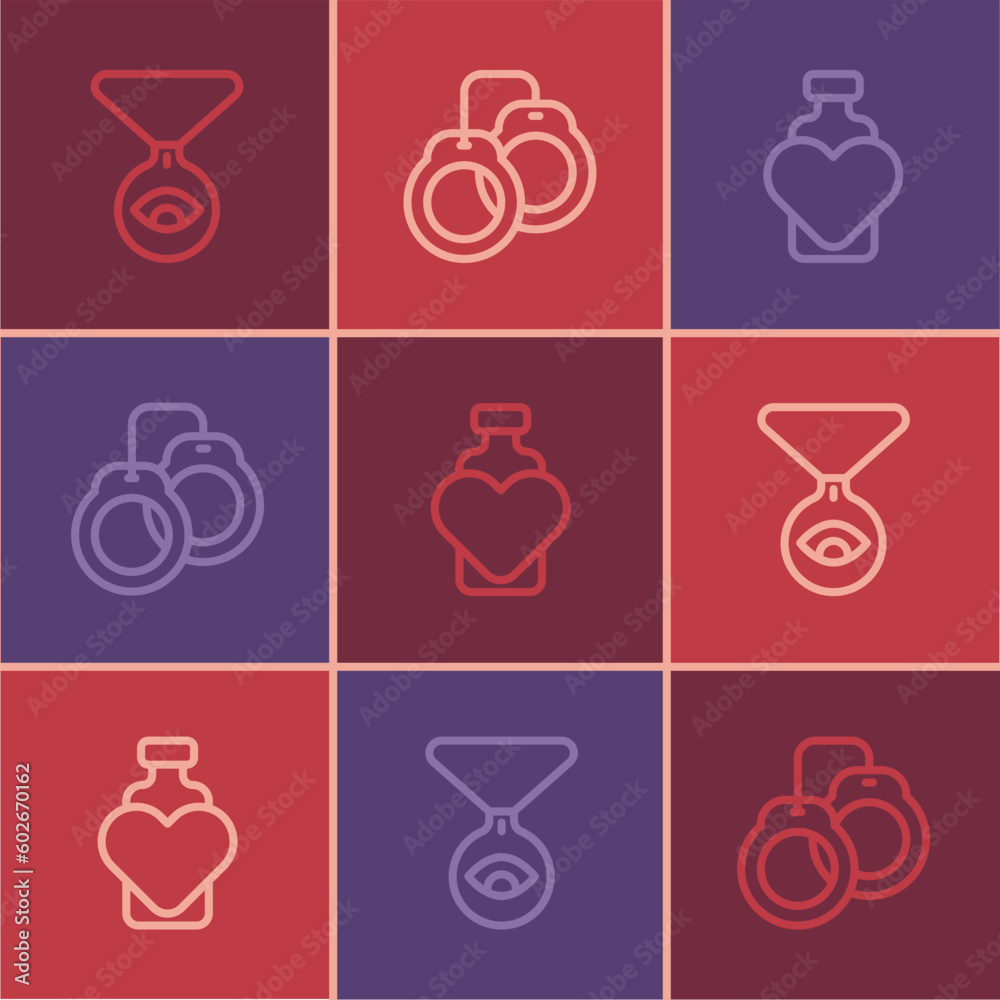 Set line Medallion on chain with eye, Bottle love potion and Handcuffs icon. Vector Set line Medallion on chain with eye, Bottle love potion and Handcuffs icon. Vector