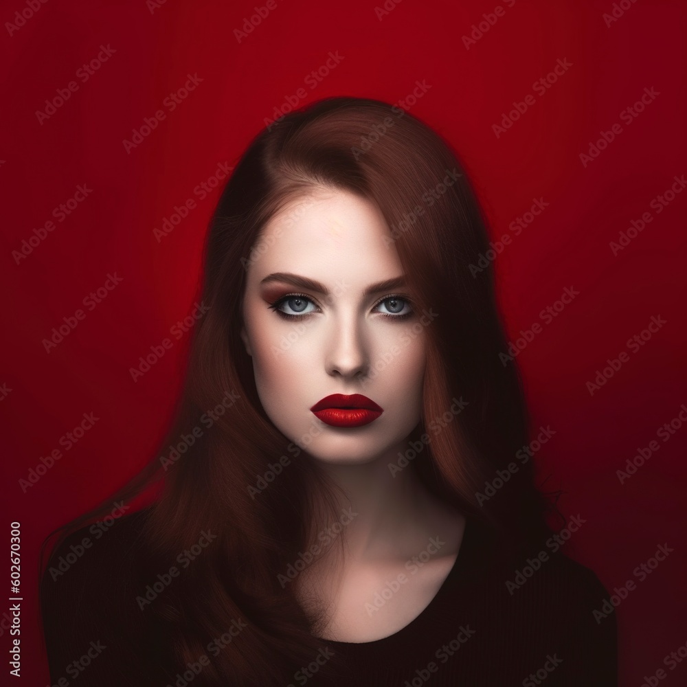 A portrait of an unreal young woman, with white skin and very red lips. Ai generated. A portrait of an unreal young woman, with white skin and very red lips. Ai generated.