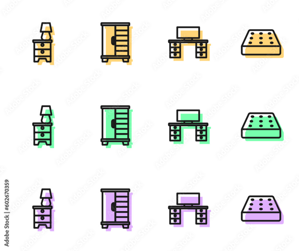 Set line Office desk, Furniture nightstand with lamp, Wardrobe and Mattress icon. Vector Set line Office desk, Furniture nightstand with lamp, Wardrobe and Mattress icon. Vector