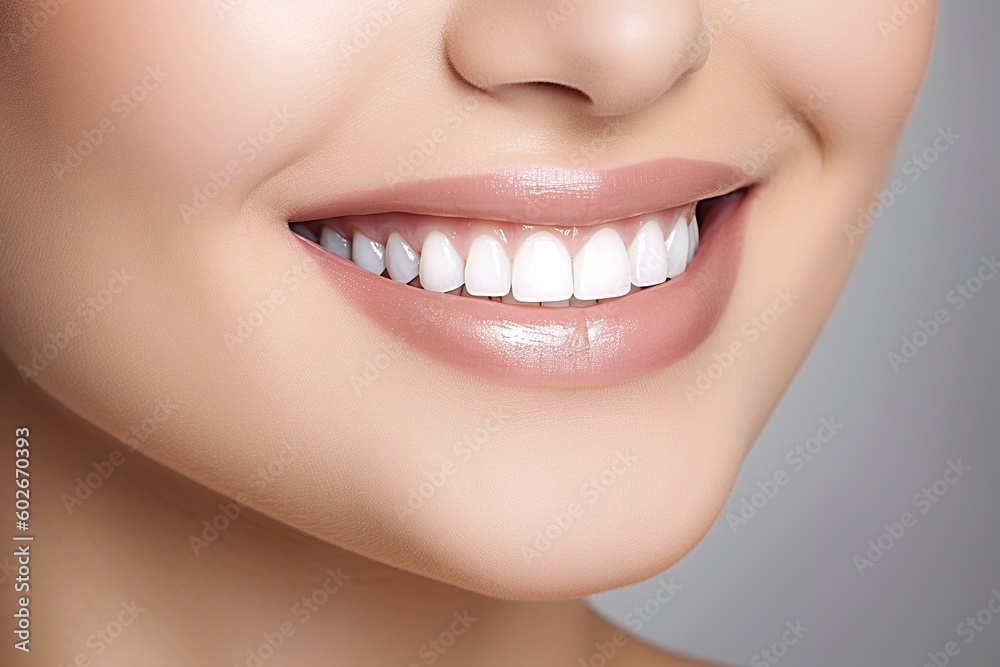 Obraz premium Detail of perfect teeth, white and clean, of a model posing. Ai generated.