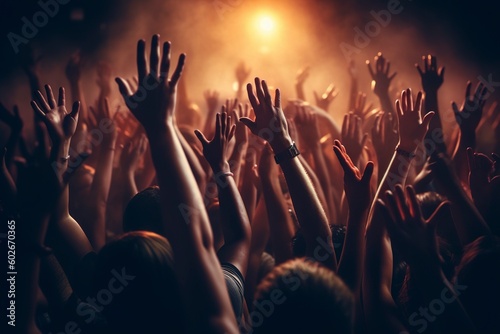Crowd of fans at a concert raise their hands. Ai generated.