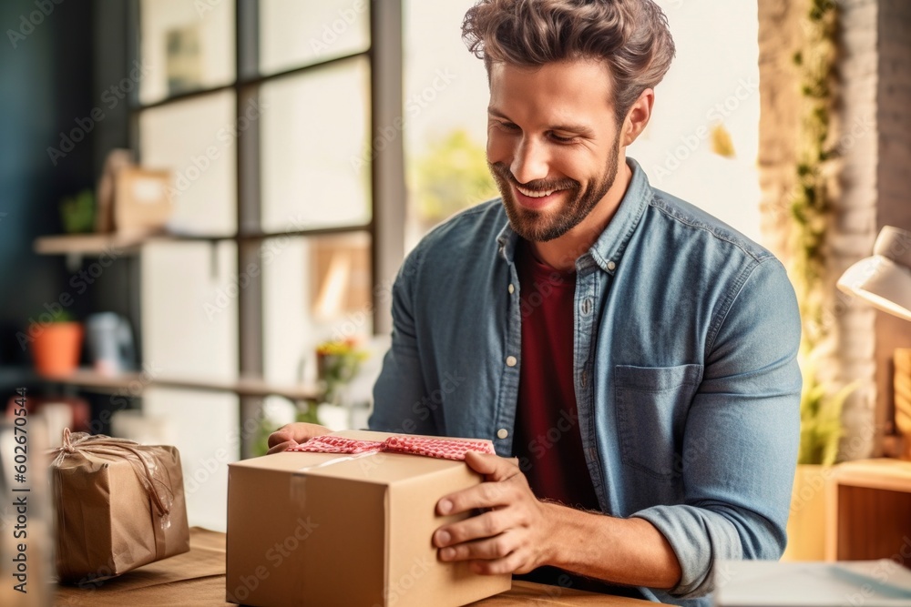 Fototapeta premium A man opens a package on his desk. Ai generated.