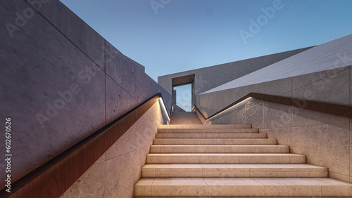 Architecture 3d rendering illustration of minimal modern house with staircase at entrance door at sunset